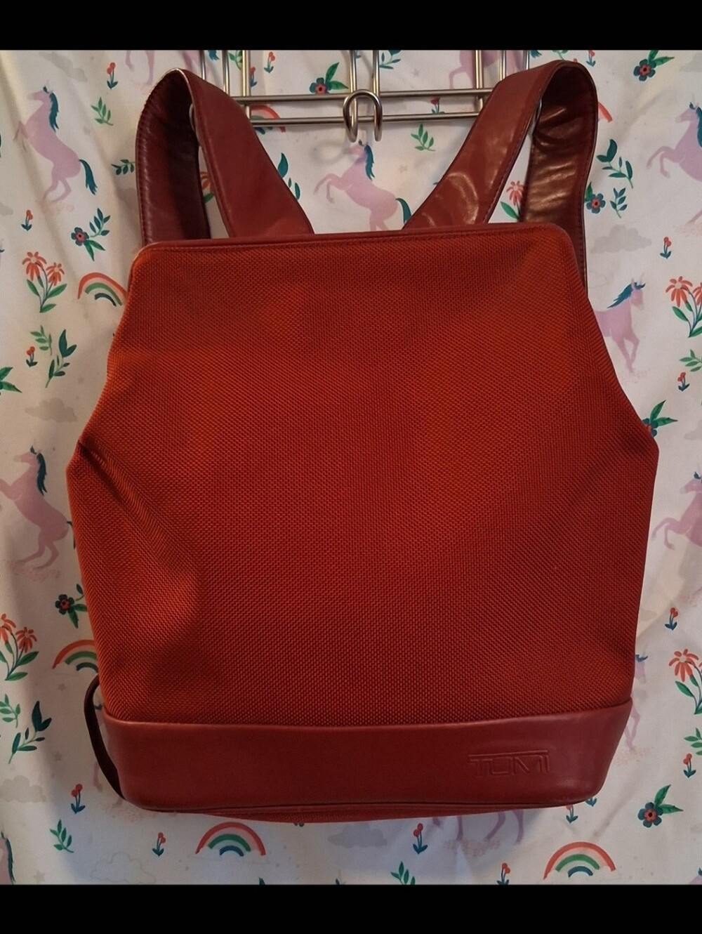 EUC Tumi Red Ballistic Nylon & Leather Clam Shell Casual School Backpack Bag